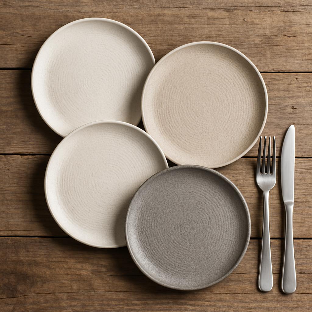 Four plates and a fork and knife on a wooden table. The plates are arranged in a two-by-two pattern, with two beige ceremi...