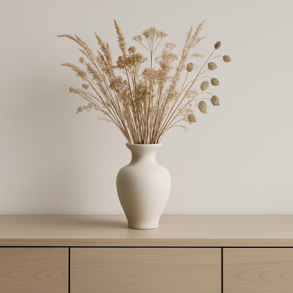Vase with dried flowers, tree branches, and other natural elements in a white ceramic vase, in-front of a tan-colored wood...