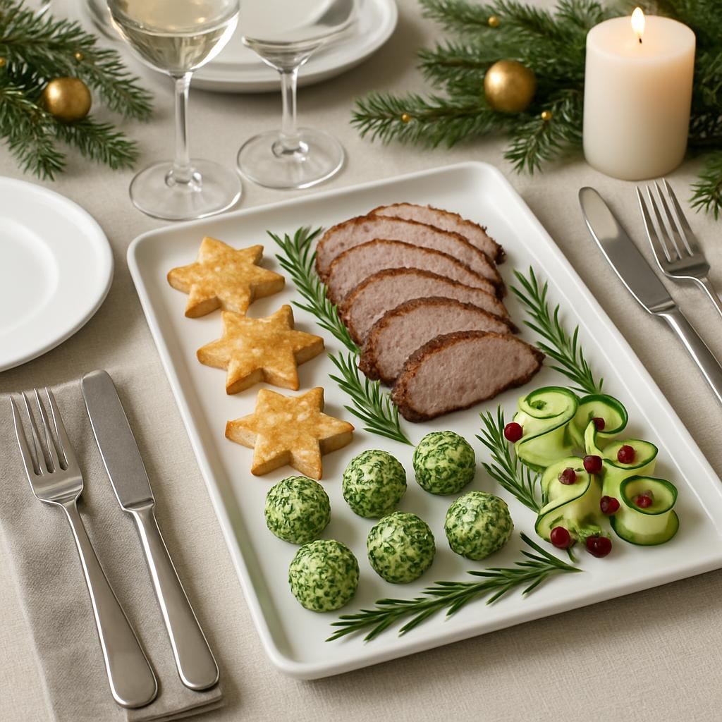 A Christmas dinner plate, complete with roasted meat, star-shaped sandwiches, green balls with herbs, and cucumber rolls w...