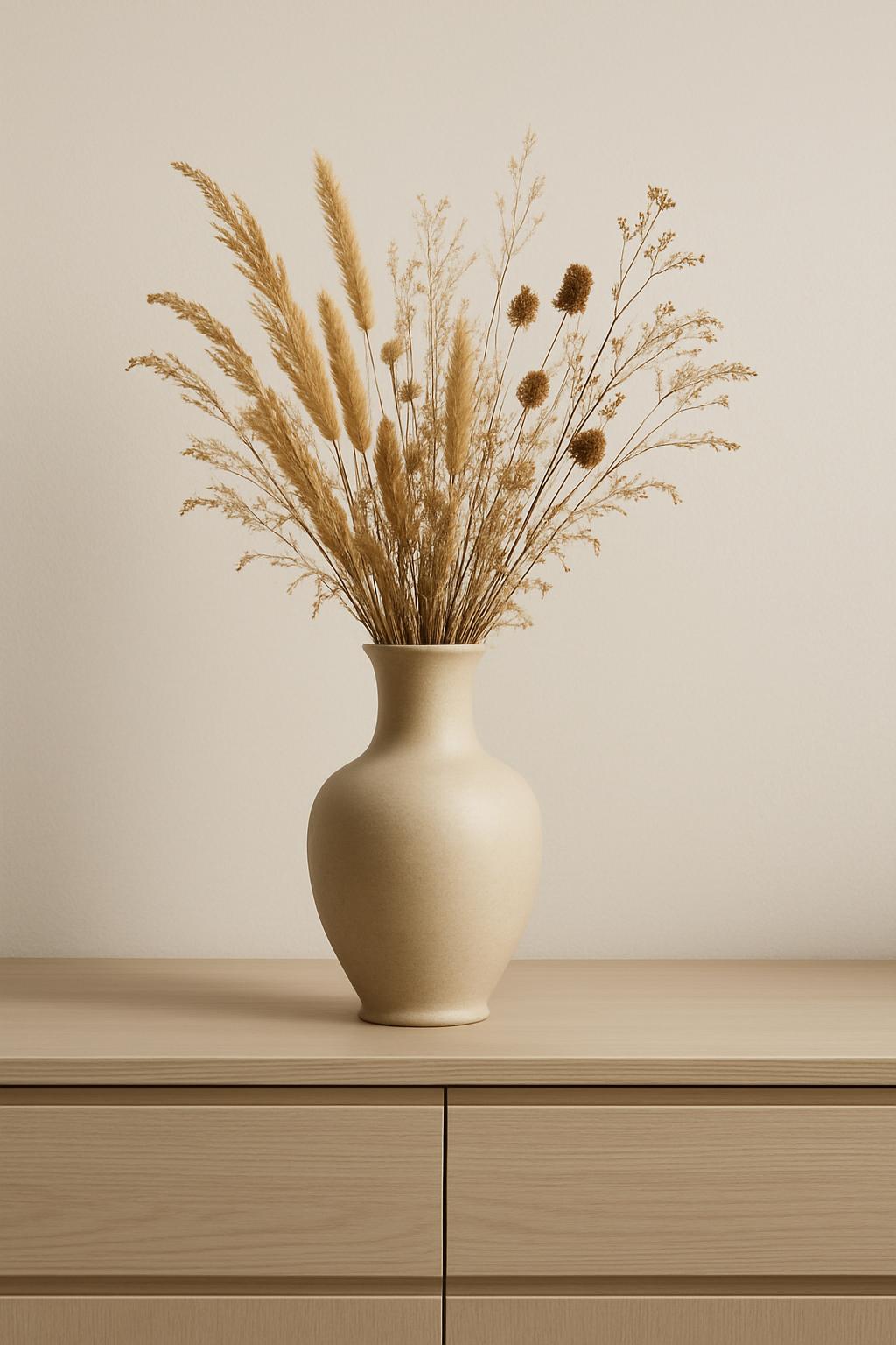 "Bouquet of dried flowers in a cream-colored vase."