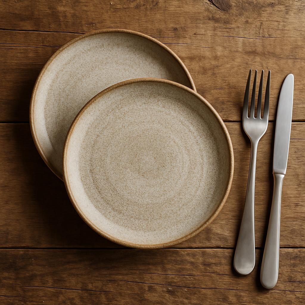 Two round plates and a fork and knife next to each other on a wooden table.